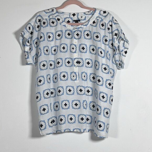 Ann Taylor Geo Linen Popover Short Sleeve Top Sz L Multicolor Relaxed 1/4 Button - Picture 3 of 11